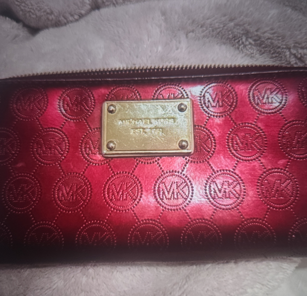Michael Kors Metallic Red Embossed MK Zip Wallet with Gold Plate
